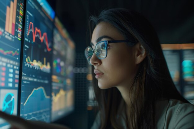 A hispanic woman wearing glasses focuses on a computer screen analyzing financial data