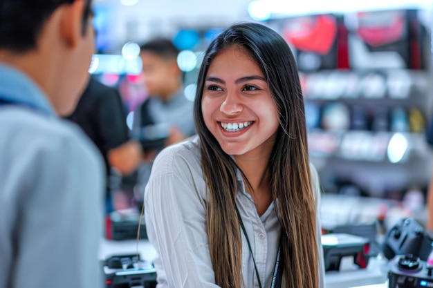 Photo hispanic woman with long brown hair smiling at a male customer in an electronics store concept of customer service retail electronics shopping happy interaction