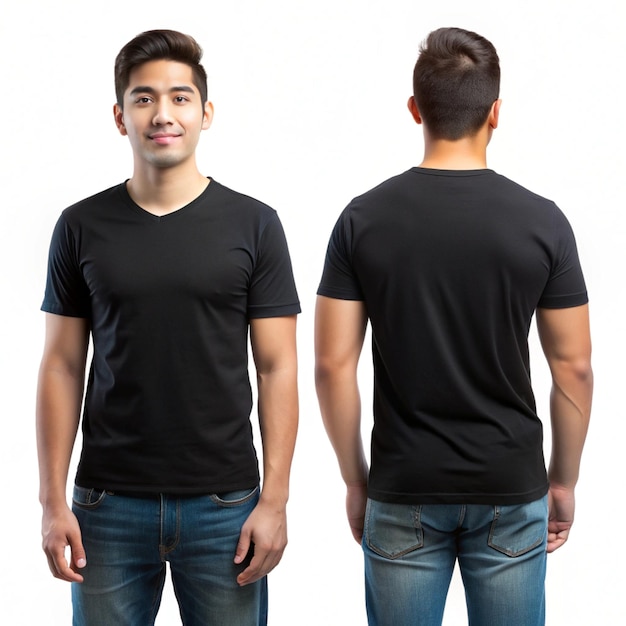 Photo hispanic young man wearing a black casual tshirt side view behind and front view of a mock up template for a tshirt design print