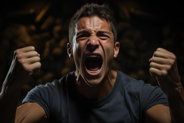 Hispanic young wearing anger and angry casual t shirt lifting his frustrated and generative IA