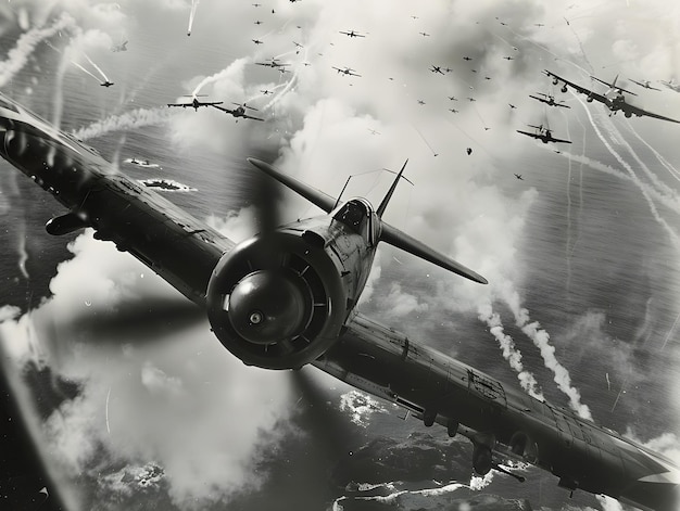 Photo historic aerial battle featuring a fighter plane amidst numerous bombers