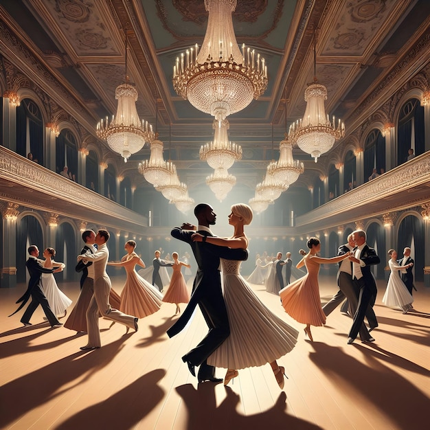 In a historic ballroom adorned with ornate chandeliers isometric style of seasoned dancers glide ef