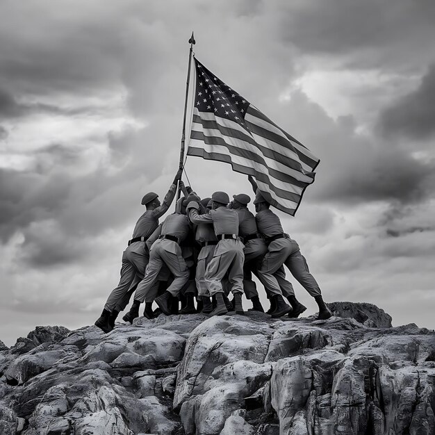 A historic black and white image American flag