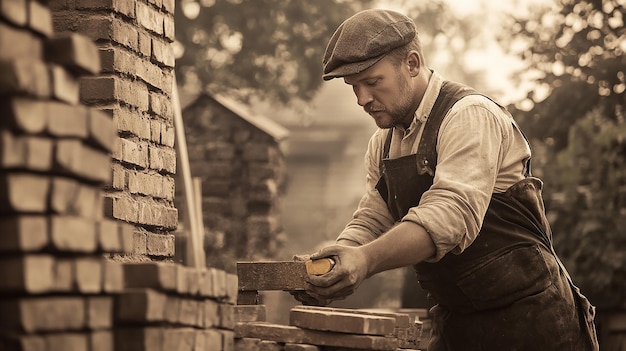 Historic Bricklayer Using Vintage Tools in Action