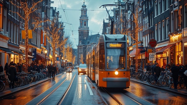 historic and bustling Dam Square in Amsterdam with trams and bicycles