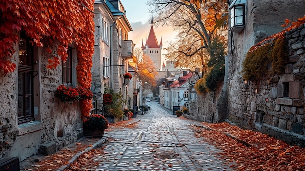 historic and bustling streets of Old Town Tallinn Estonia with medieval architecture