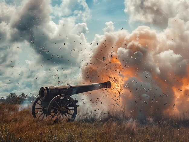 Photo historic cannon firing during a reenactment in a rural field at dusk