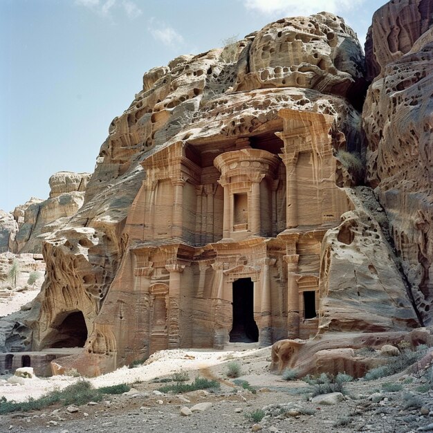 A historic cave home carved into the sandstone cliffs of Petra Jordan