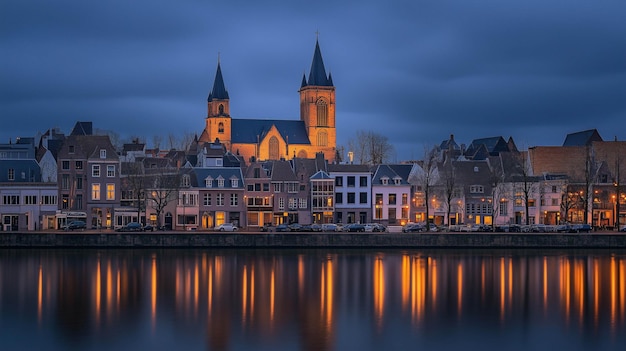 Photo historic churches with the city lights reflecting off the calm waters of the meuse river