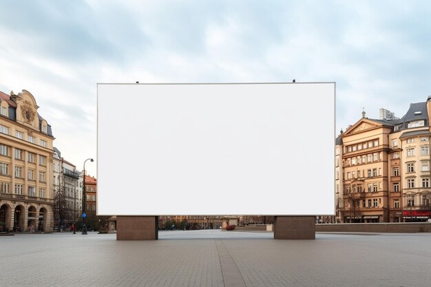 Historic cityscape crowned by a blank billboard frame blending the old and the new