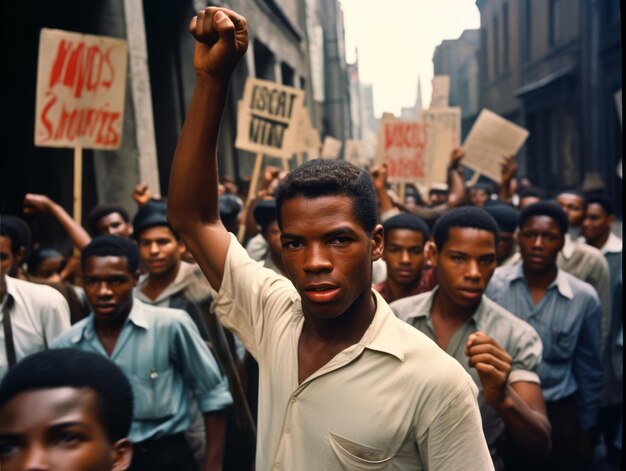 Historic colored photo of a man leading a protest