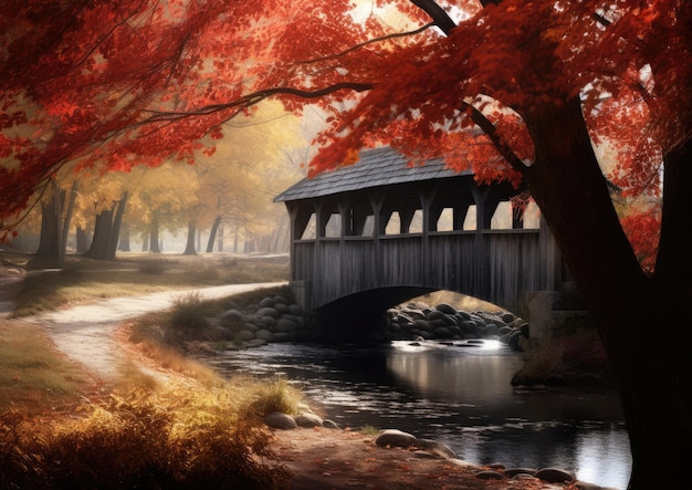 A historic covered bridge surrounded by fall foliage