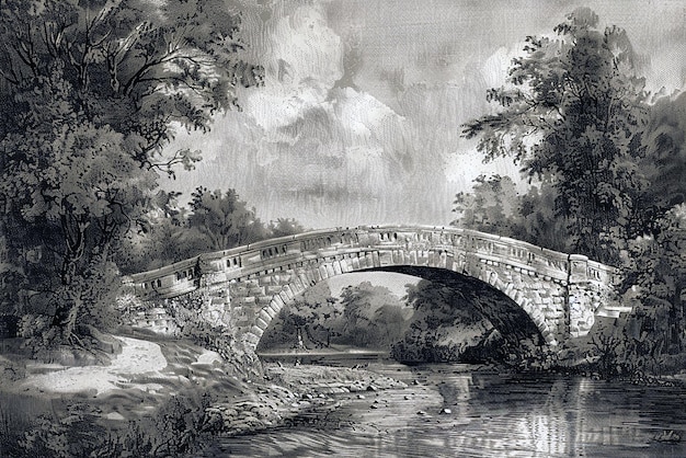 Historic engraved bridge spanning river with rustic charm