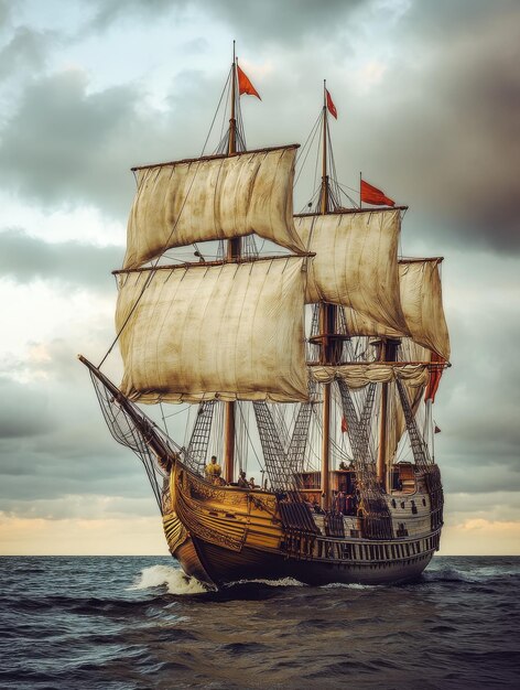 Photo historic exploration ship setting sail from a 15thcentury european port