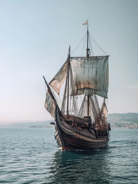 Photo historic exploration ship setting sail from a 15thcentury european port