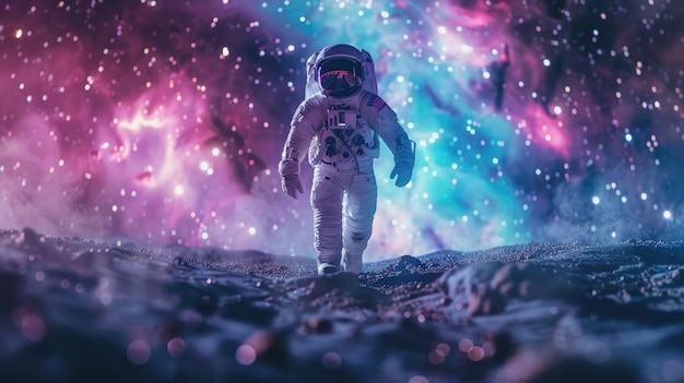 Historic First Steps Astronaut on Unexplored Planet with Cosmic Landscape Backdrop