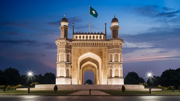 The historic Lahore Resolution monument illuminated at night symbolizing the countrys journey