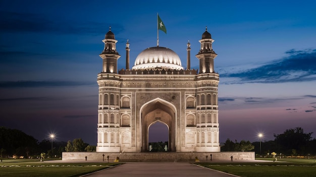 The historic Lahore Resolution monument illuminated at night symbolizing the countrys journey