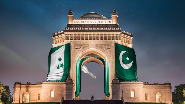 The historic Lahore Resolution monument illuminated at night symbolizing the countrys journey