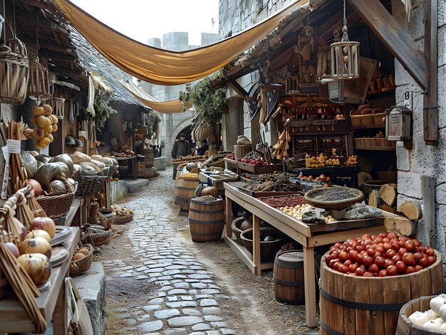 Photo historic marketplace with rustic stalls and vibrant produce in a medieval town