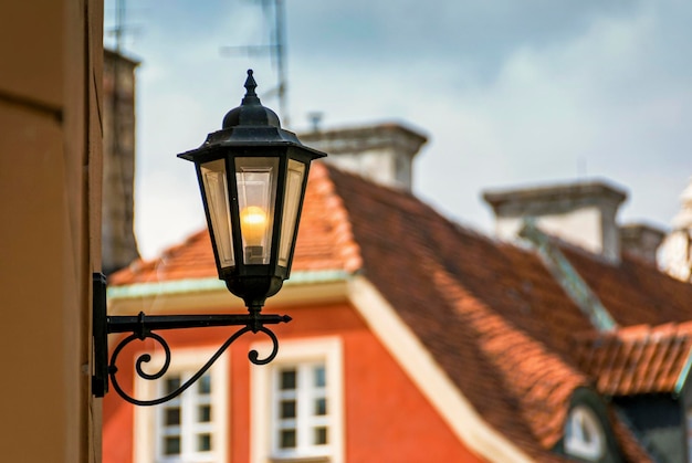 Historic old town market colorful building with street lantern in Poznan