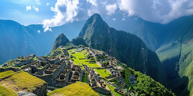 Historic Sanctuary of Machu Picchu on a mountain ridge Eastern Cordillera of southern Peru Incan citadel in the Andes Mountains ancient civilization nature panorama landscape background