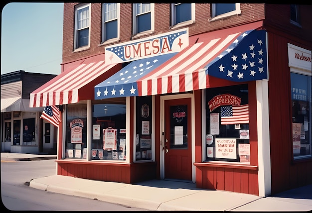 Historic Storefront Adorned with American Flags