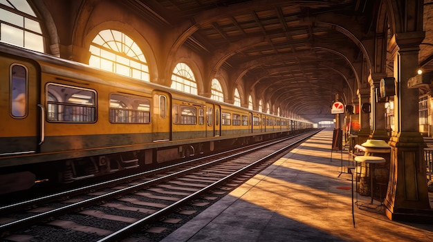 A historic train station photo realistic illustration Generative AI Train station people building