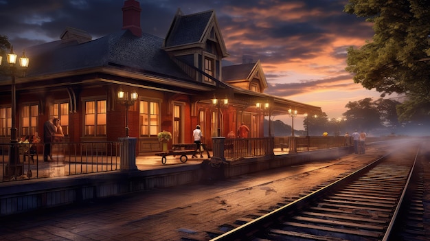 A historic train station photo realistic illustration Generative AI Train station people building