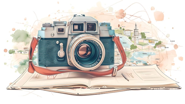 Historic Travel Photography Concept 3D Flat Icon of Individual with Vintage Camera Old Town and Gui