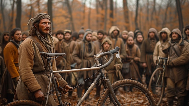 Historical Anomaly RevolutionEra Figures Gathering Around a Vintage Bicycle