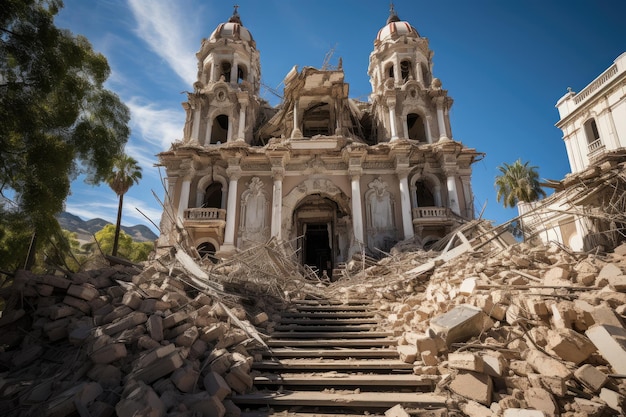 Historical building damaged by earthquake ongoing restoration generative IA