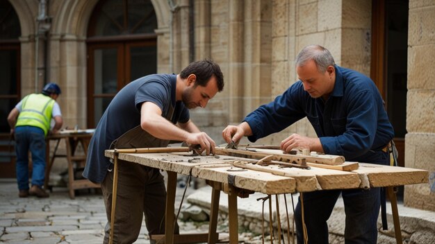 Photo historical building restoration craftsmen carefully restoring an old stone building using traditional tools