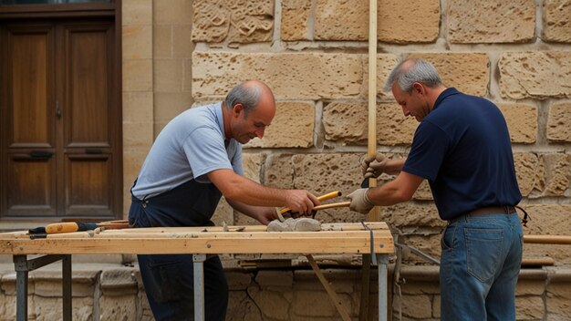 Photo historical building restoration craftsmen carefully restoring an old stone building using traditional tools