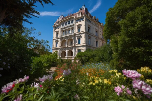 Historical building surrounded by blooming flowers and greenery with a view of blue sky