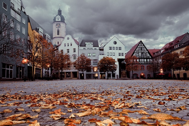 Historical buildings facing the market square in the ancient German city of Jena, Germany