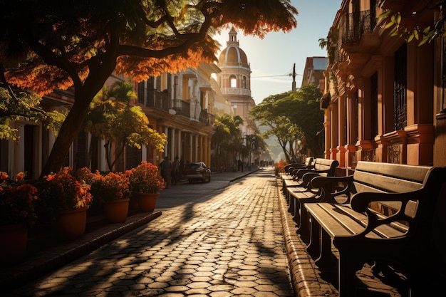 Historical Cathedral in Santa Marta Colombia under the soft light of the sun generative IA