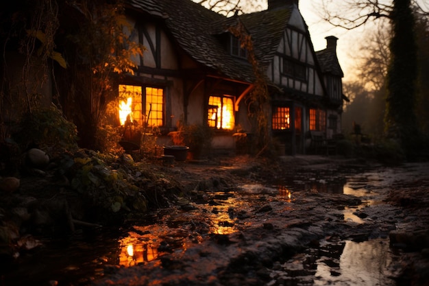 Historical celtic village in fire capturing the unique atmosphere and traditional beauty