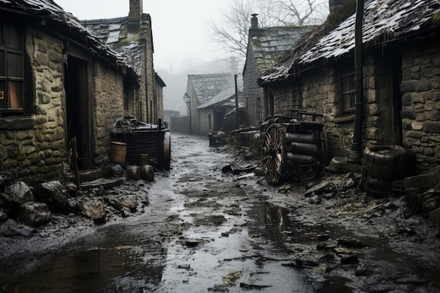 Historical celtic village in rain conveying unique atmosphere and traditional beauty