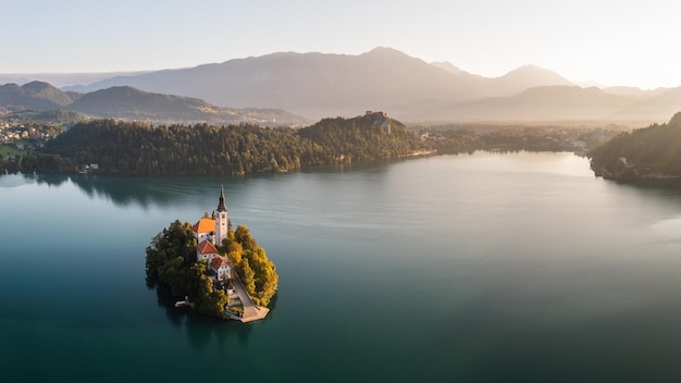 Historical church on island in tle middle of bled lake