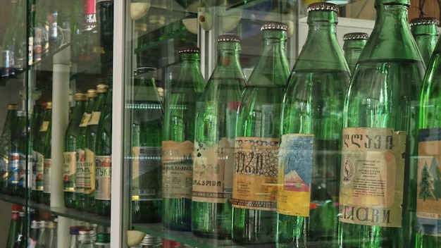 Historical exposition. Vintage glass bottles from the mineral water of the city of Pyatigorsk