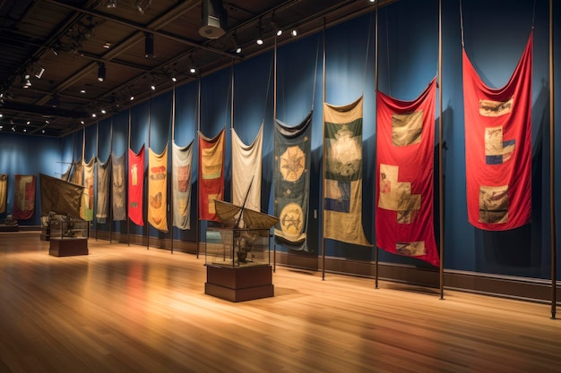 Historical flags displayed in a museum exhibit