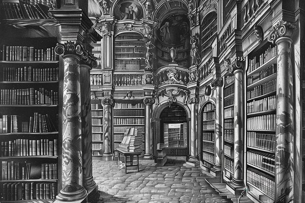 Historical Library Engraved with Detailed Bookshelves