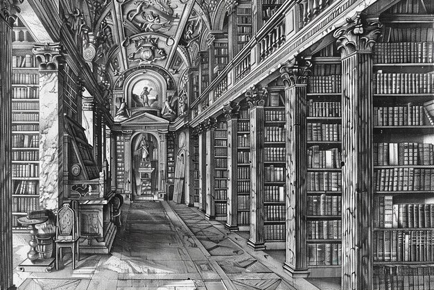 Photo historical library with detailed engravings of bookshelves and scholars