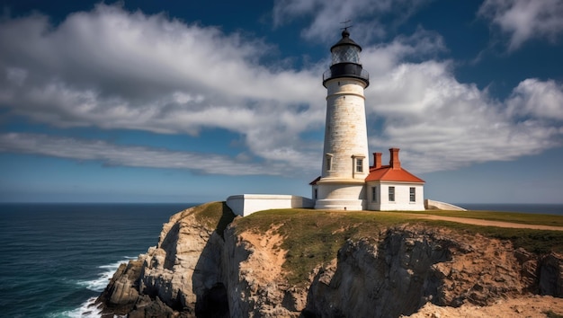 Historical lighthouse stands tall on rugged coast overlooking serene ocean waves