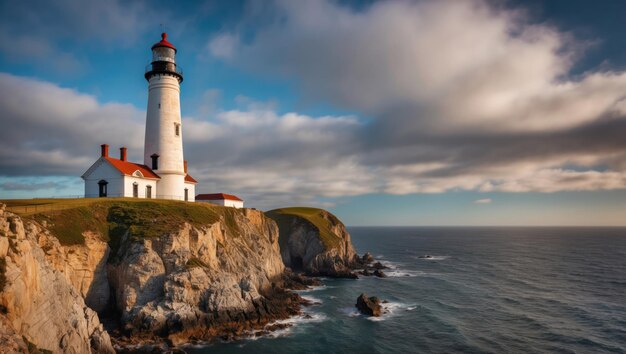 Historical lighthouse stands tall on rugged coast overlooking serene ocean waves