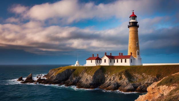 Historical lighthouse stands tall on rugged coast overlooking serene ocean waves