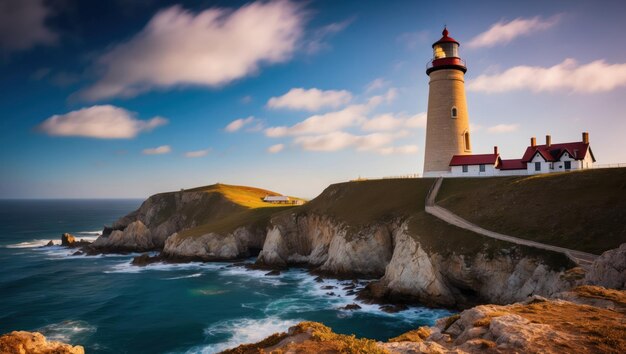 Historical lighthouse stands tall on rugged coast overlooking serene ocean waves