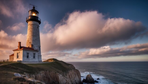 Historical lighthouse stands tall on rugged coast overlooking serene ocean waves