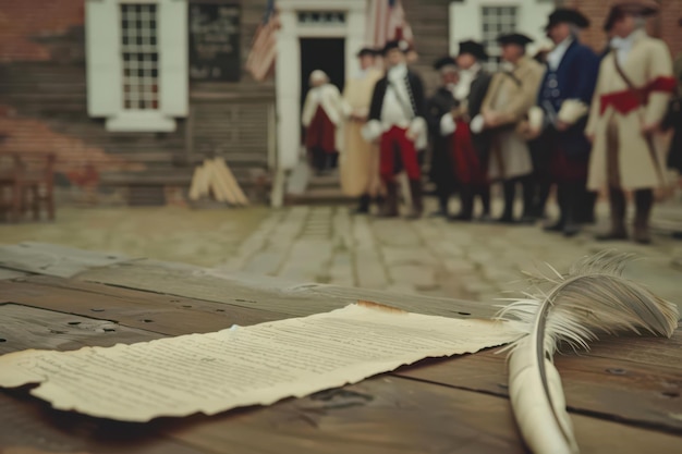 Photo historical reenactment scene with colonial document and quill on wooden table